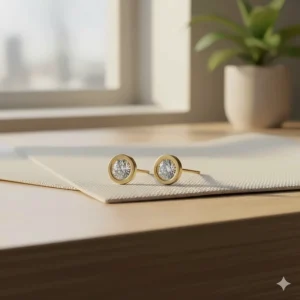 Minimalist small 14k gold stud earrings with a secure bezel setting for a sleek, modern finish.