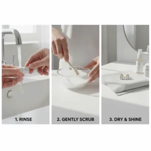 A visual guide showing how to clean and care for your valuable 14k gold stud earrings.