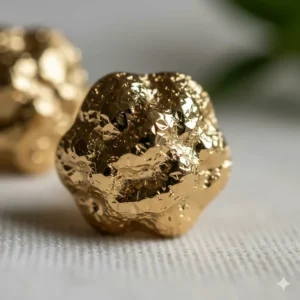 Close-up of the diamond-cut finish on a pair of 14k gold nugget earrings, highlighting the brilliant texture.