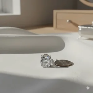Image demonstrating the actual size of the diamond stud next to a small coin for scale.