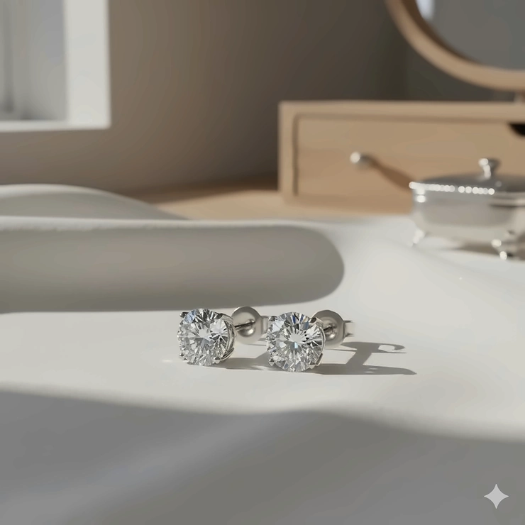 A stunning pair of diamond stud earrings in classic 4-prong settings, made with highly polished 14K white gold.