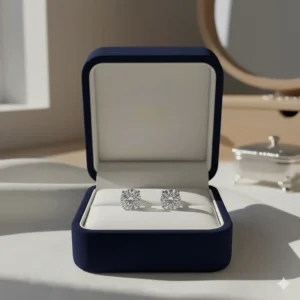 The 14K white gold diamond stud earrings elegantly presented in their protective jewelry box.