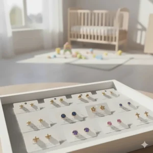 Collection of various 14k gold stud earring styles, showing options for girls' jewelry.