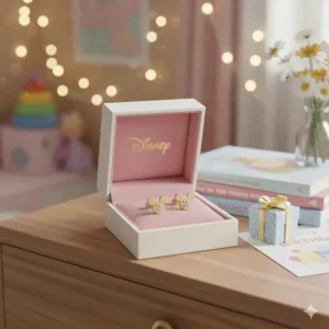 Elegant presentation of Disney 14k gold earrings in a ready-to-give gift box for a special girl's birthday.