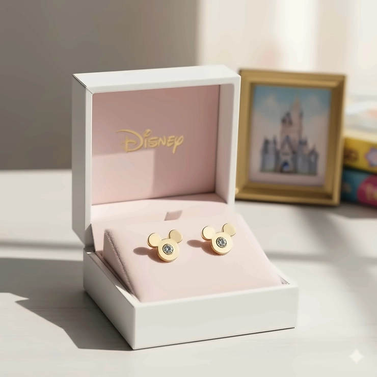 14k gold Disney stud earrings for girls featuring classic character silhouettes, perfect for sensitive ears.