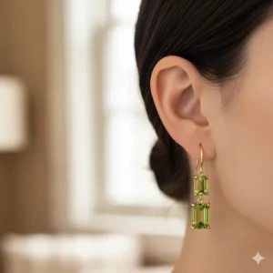 Emerald cut gemstone 18k gold earrings showcasing vibrant color and clarity.