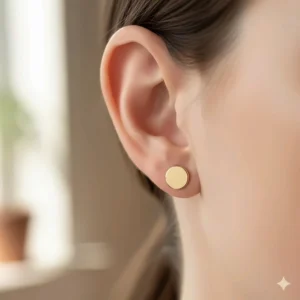 14k gold flat back earring worn securely and comfortably in a helix (cartilage) piercing.