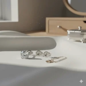 Unboxed set showing both genuine diamond stud earrings and their 14K white gold findings.