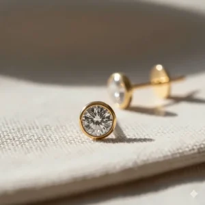 Close-up of the front of a 14k gold flat back earring featuring a bezel-set gemstone.