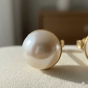 Extreme close-up view of the smooth, high-luster Akoya pearl on the 14k gold post.