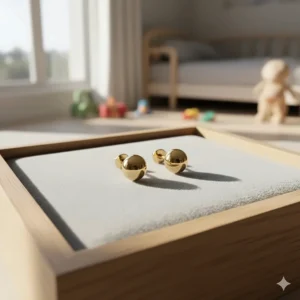 Close-up of small, smooth 14k gold ball stud earrings with secure screw backs.