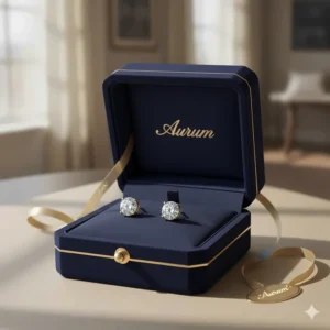 Presentation of the 14k yellow gold diamond stud earrings inside a premium branded jewelry gift box, perfect for gifting.