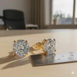 A pair of larger carat-weight diamond stud earrings shown next to a ruler for scale, set in bright 14k gold.