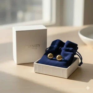 The elegant branded gift box and velvet pouch included with the purchase of the solid 14k gold stud earrings.