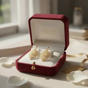 Luxury jewelry box presenting a pair of 18k gold earrings, ideal for gifting.
