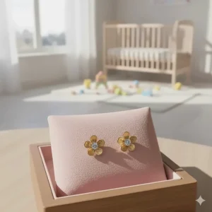 Charming mini 14k gold flower stud earrings with a slight texture, ideal for girls.