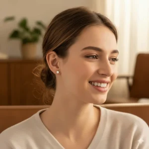 Woman smiling while wearing small, elegant diamond stud 14k gold earrings for a timeless, everyday look.