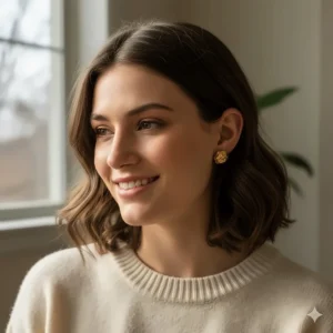 A model wearing 14k gold nugget stud earrings for a stylish, everyday look.