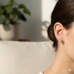 A model wearing a small 14k gold stud earrings pair, perfect for a second piercing or minimalist look.