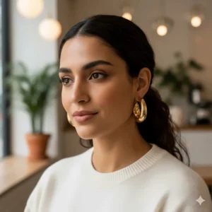 Lifestyle image of a model wearing stylish, chunky 18k gold earrings.