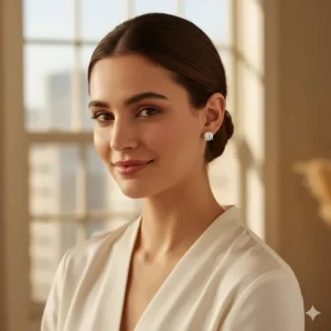 Lifestyle shot of a woman wearing the 14k yellow gold diamond stud earrings, showing the ideal size and elegant sparkle.
