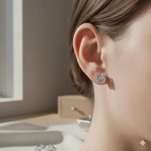 A model's ear wearing the sparkle of the diamond stud earrings in 14K white gold.