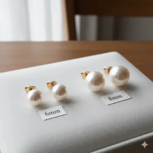 Comparison photo of 6mm vs 8mm 14k gold pearl stud earrings to show different sizes.