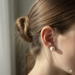 Elegant 14k gold pearl stud earrings worn by model, showing the perfect size and fit.