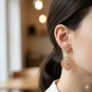 Intricate filigree design rose 18k gold earrings with a delicate pattern.