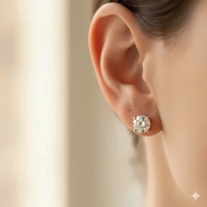 Close-up of classic round diamond 18k gold stud earrings on a model's ear.