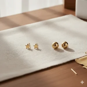 A side-by-side comparison of small and medium-sized 14k gold stud earrings for size reference.