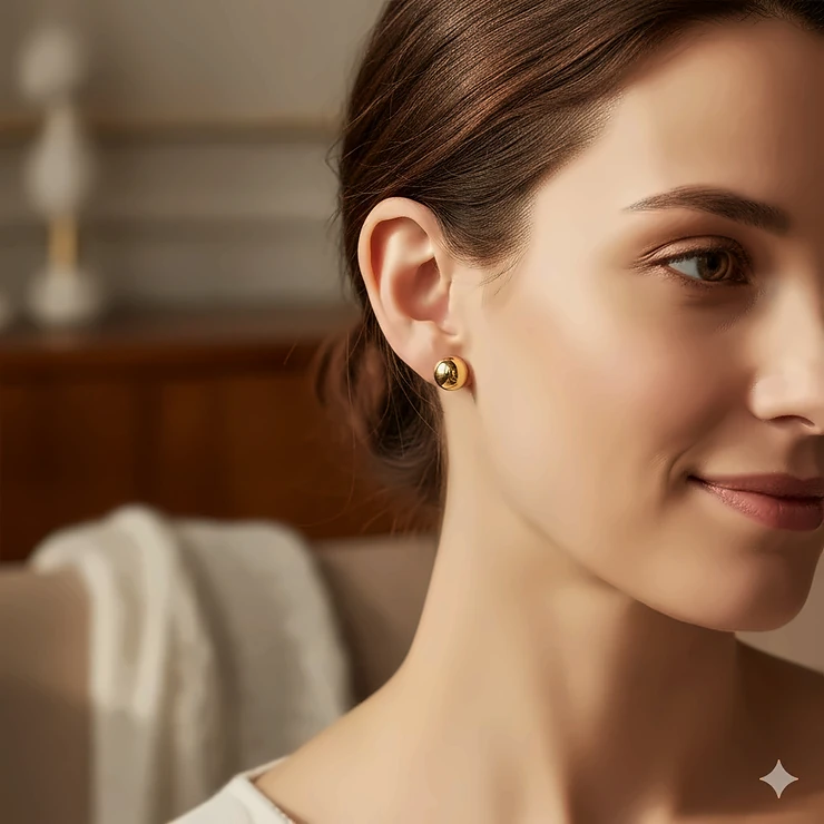 Close-up of a model wearing a pair of classic solid 14k gold stud earrings. These essential, high-quality studs are perfect for everyday wear.