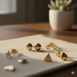 Close-up of solid 14k gold studs, showcasing the polished finish and hypoallergenic post backs.