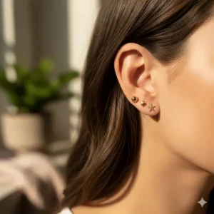 Two different styles of tiny 14k gold stud earrings worn stacked in multiple ear piercings for a curated look.