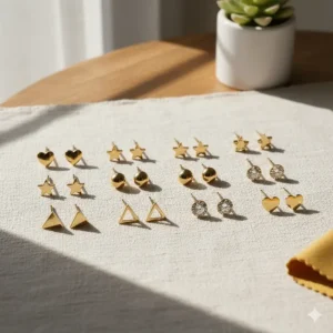 A lay-flat assortment of the 14k gold stud earrings set showcasing the variety of shapes included.