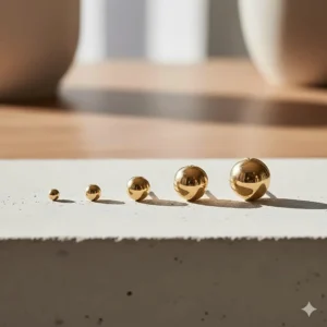 A group image showcasing three different sizes of simple 14k gold stud earrings available for purchase.