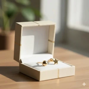 A pair of tiny 14k gold stud earrings presented in a small, elegant jewelry gift box.