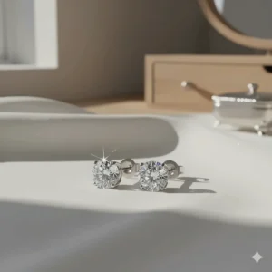 An angled shot of the diamond stud earrings capturing light and maximizing their intense brilliance.