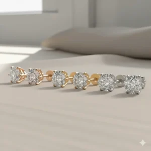 A comparison image showing three pairs of diamond stud earrings in white, yellow, and rose 14k gold options.