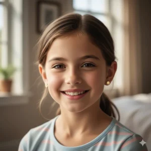 Young girl smiling while wearing small, classic round 14k gold earrings.