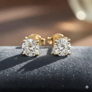 Digital rendering of 1 carat total weight round brilliant diamonds in 18k yellow gold settings.