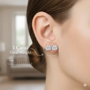 Illustration showing the relative size of 1 carat diamond stud earrings on a human ear lobe for scale.
