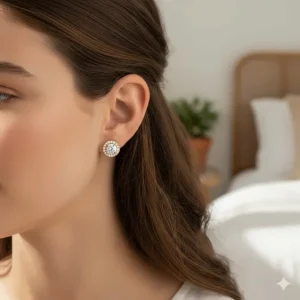 Close-up of classic round 10 karat gold stud earrings for everyday elegance.