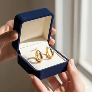 Elegant 10 karat gold hoop earrings presented inside a jewelry box, ideal for a special gift.