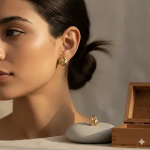 A close-up shot of a pair of 10k gold nugget earrings shimmering against a neutral background. This classic 10k yellow gold jewelry features an organic, textured nugget design.