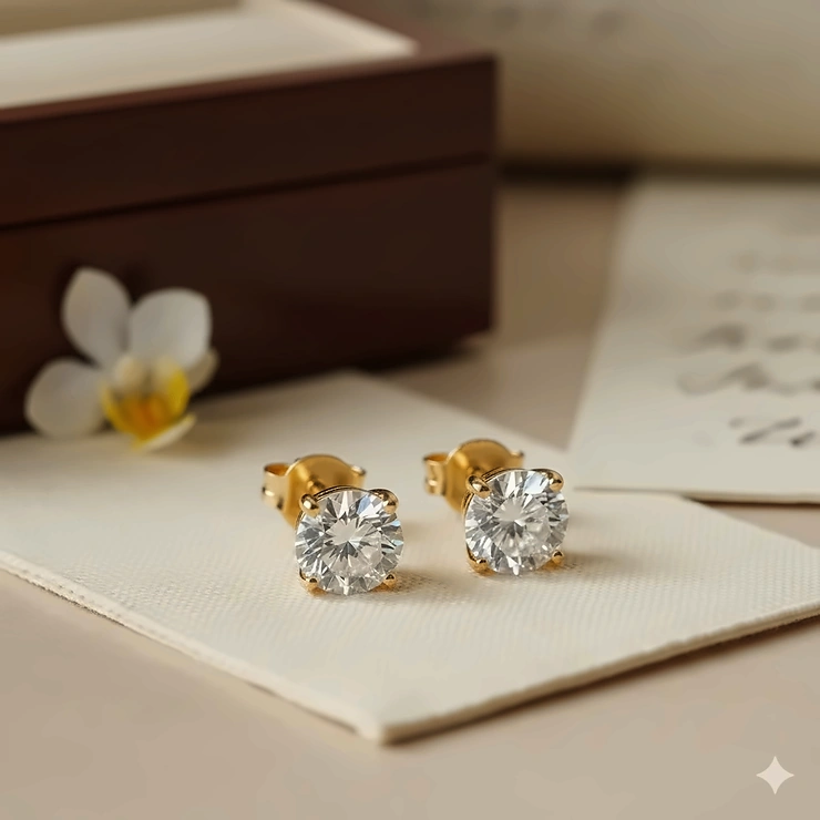 Pair of 14k gold diamond studs featuring round brilliant cut stones in a classic four-prong setting.