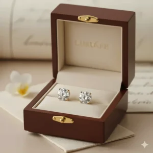 Luxury jewelry gift box containing a pair of genuine 14k gold diamond stud earrings.