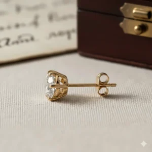 Profile view of 14k gold diamond studs showing the basket setting and post height.