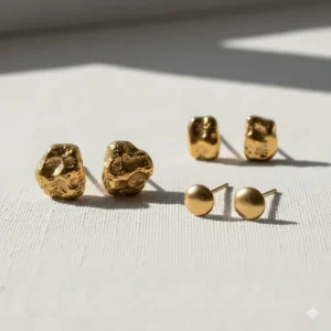 Extremely close shot of the subtle 14K or 10K gold stamp/hallmark on the post of the nugget earring for verification.