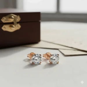 Modern 14k rose gold diamond studs featuring a trendy blush-colored metal setting.